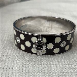 Henri Bendel Bangle Bracelet Polka Dots Cream Brown Enamel Crystal Hinge Vtg